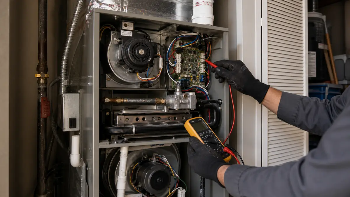 Illustration: Trane S9V2 two-stage furnace in a Ganesha Hills garage in Pomona