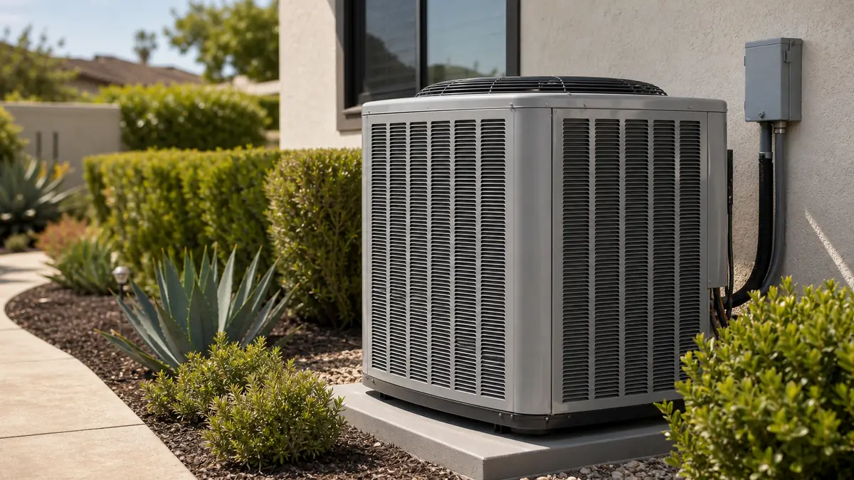 Illustration: Trane XR16 single-stage condenser on a Wilton Heights bungalow in Pomona