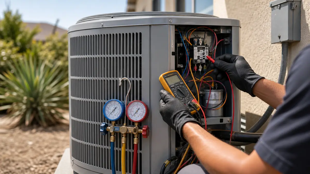 Illustration: technician metering a weak dual-run capacitor on a Trane condenser in Pomona