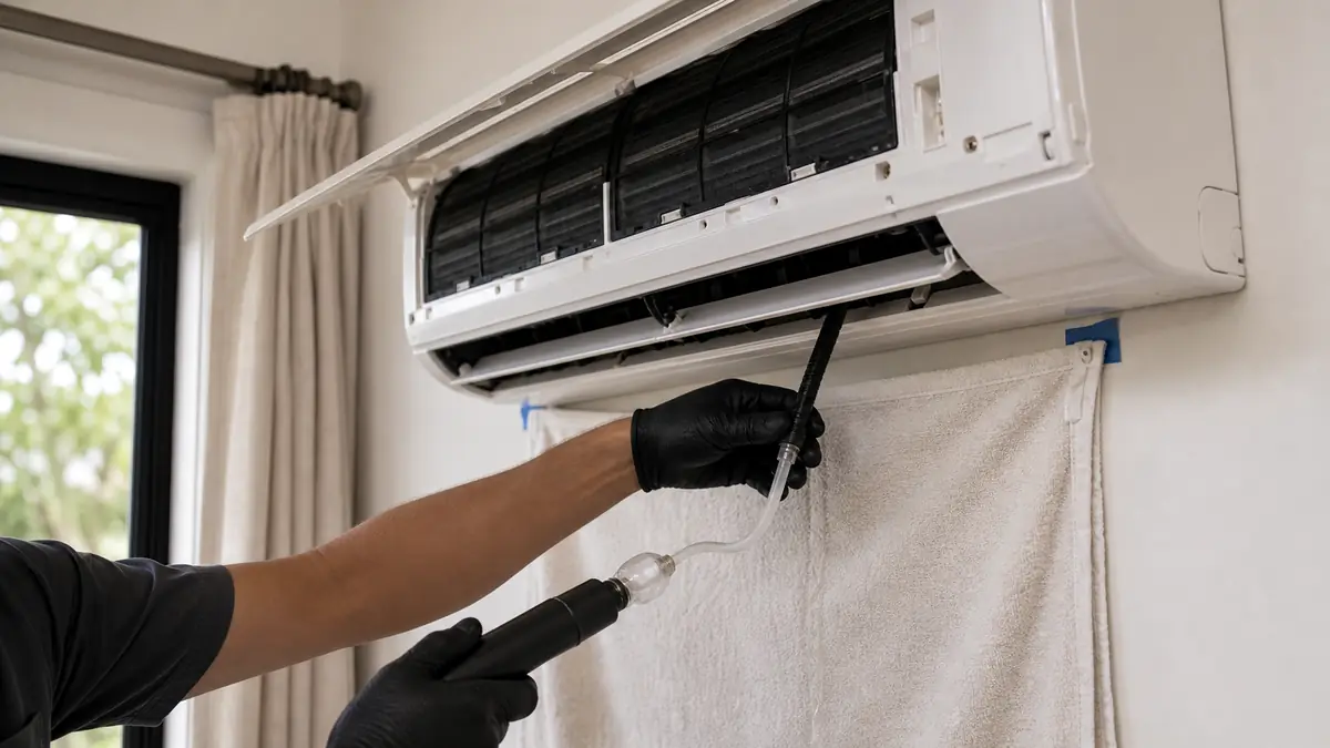 Illustration: clogged condensate drain pan under an indoor coil in a Pomona closet