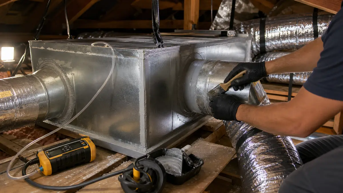 Illustration: mastic-sealed supply trunk in a 1920s Lincoln Park attic in Pomona